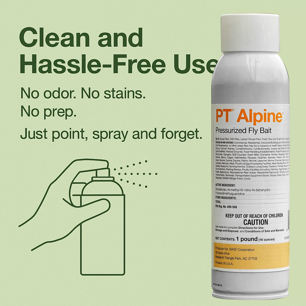 PT Alpine Pressurized Fly Bait Spray – 16 oz aerosol fly killer for fast knockdown and 30-day residual control